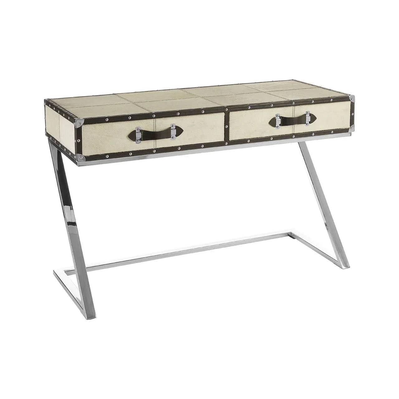 Beige and chrome writing desk with two drawers and suitcase style handles, angled legs