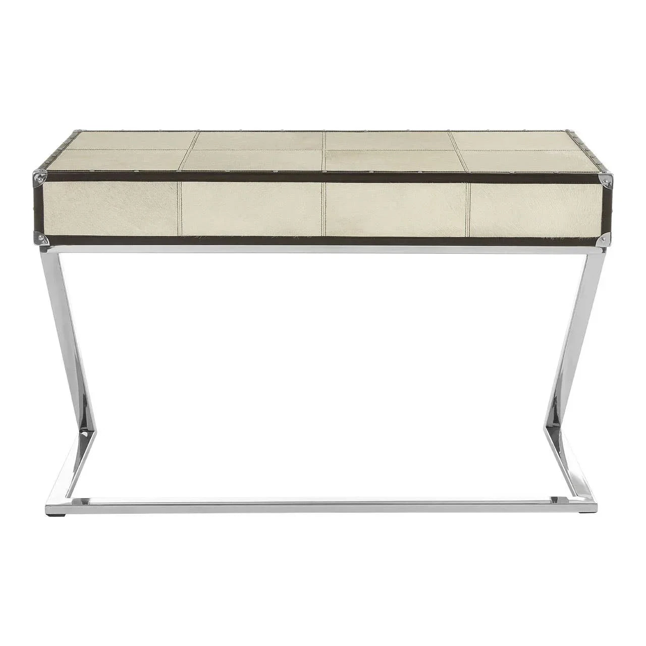 Modern console table with beige faux leather top and chrome metal frame, front view