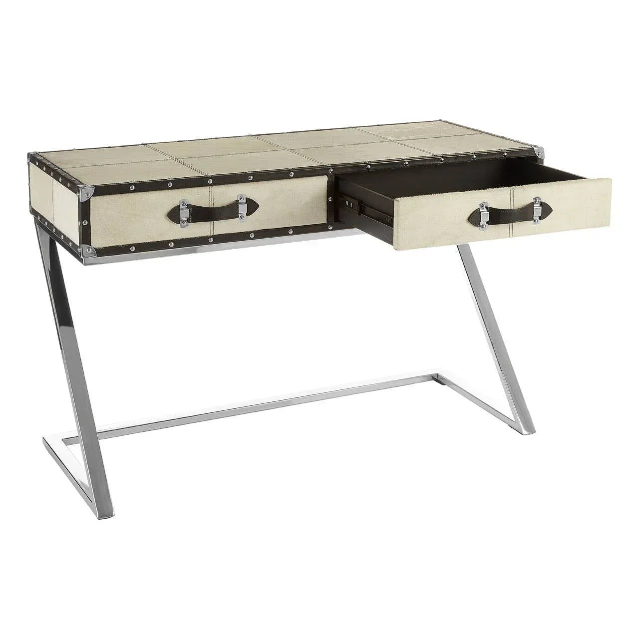 Modern writing desk with beige drawers, chrome legs, one drawer open showing storage space