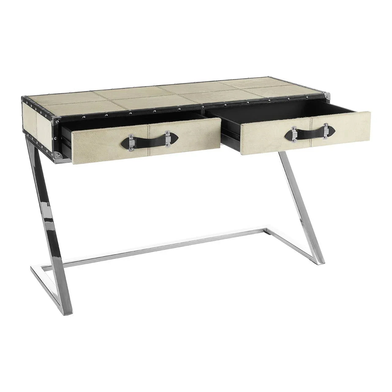 Modern writing desk with chrome legs, beige top, and two open storage drawers
