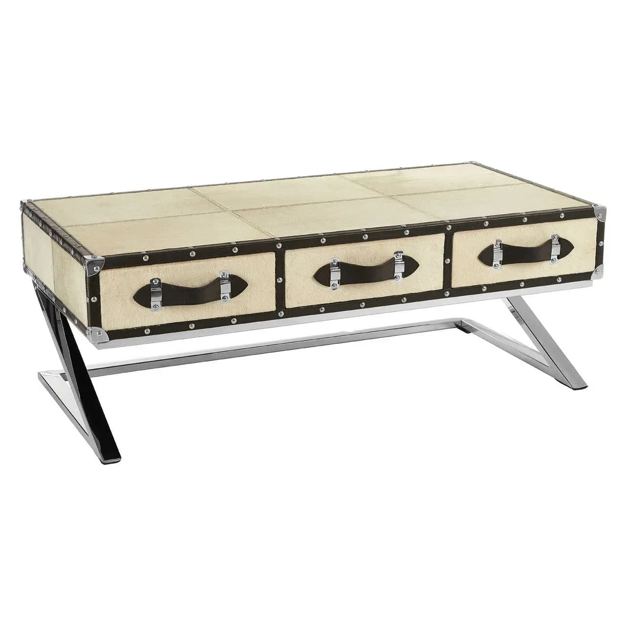Beige trunk style coffee table with chrome legs and three front handles