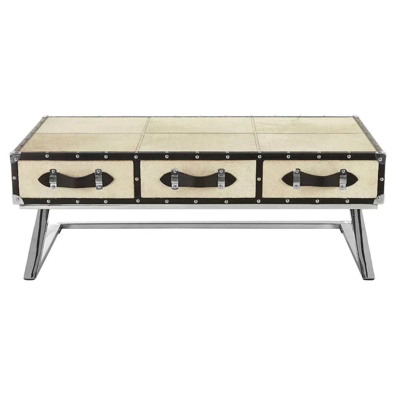 Beige trunk style coffee table with metal legs and three front handles