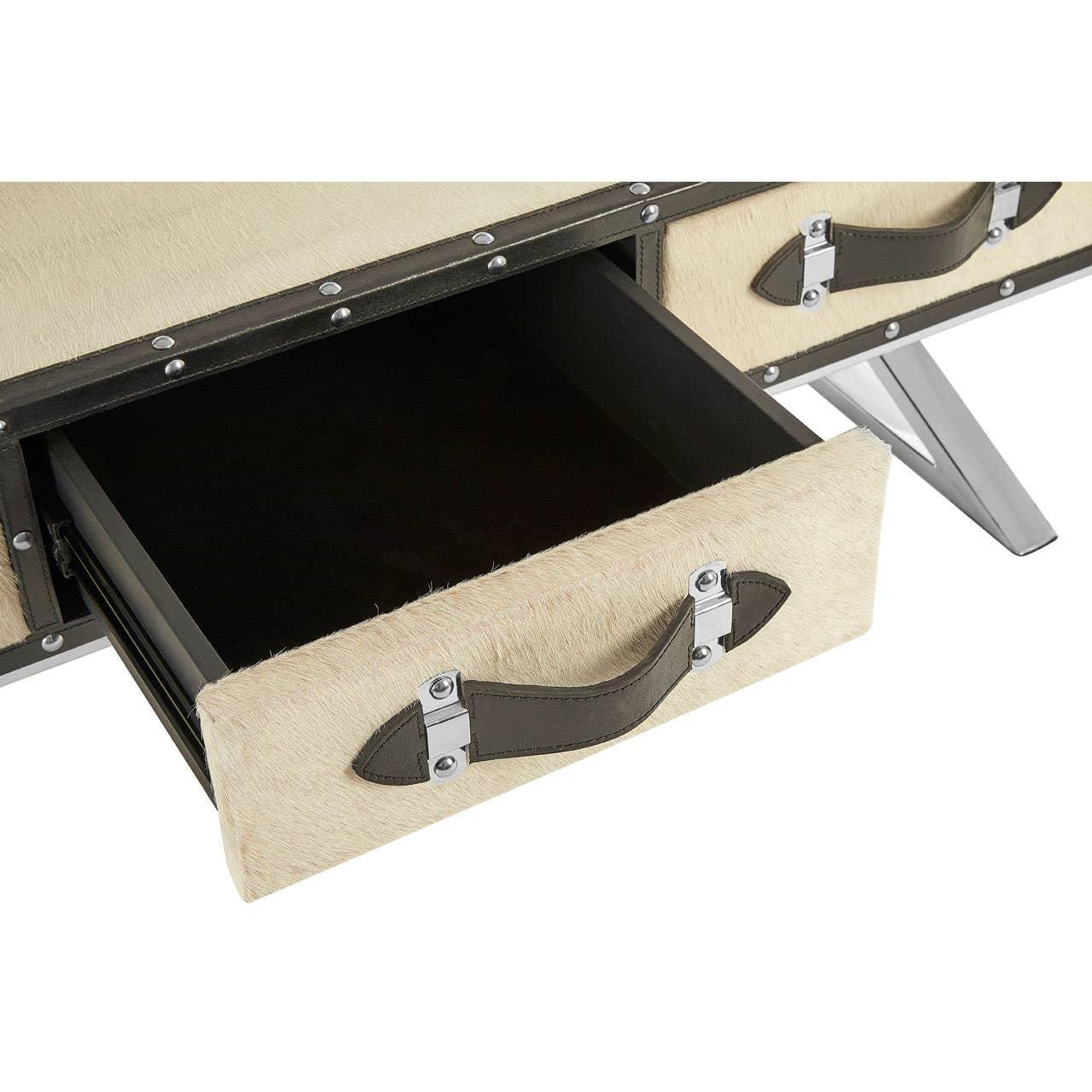 Cream faux fur coffee table drawer with brown leather handle and metal leg detail