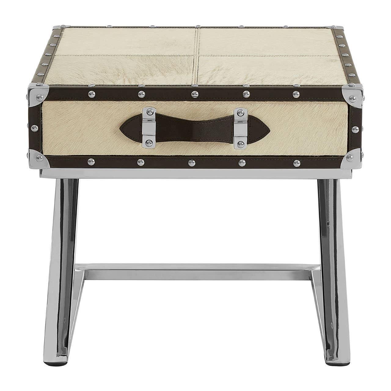 Beige storage side table with chrome legs and leather handle, front view