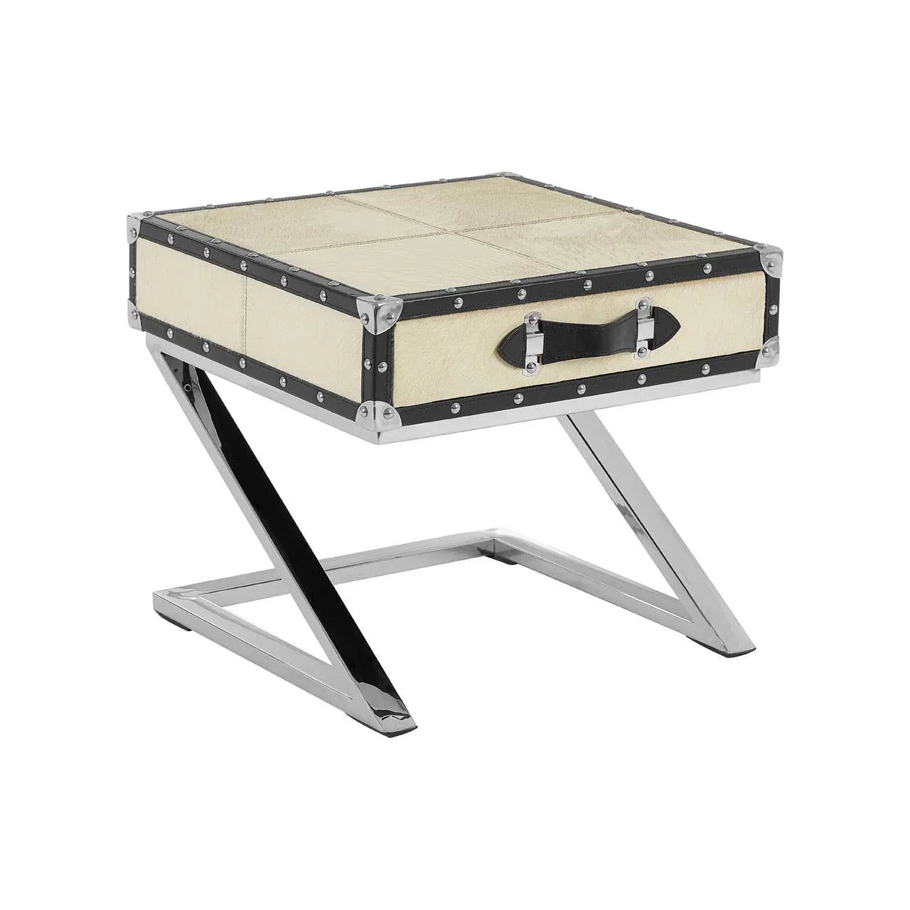 Chrome and faux leather side table with suitcase-inspired drawer and modern Z-shaped legs
