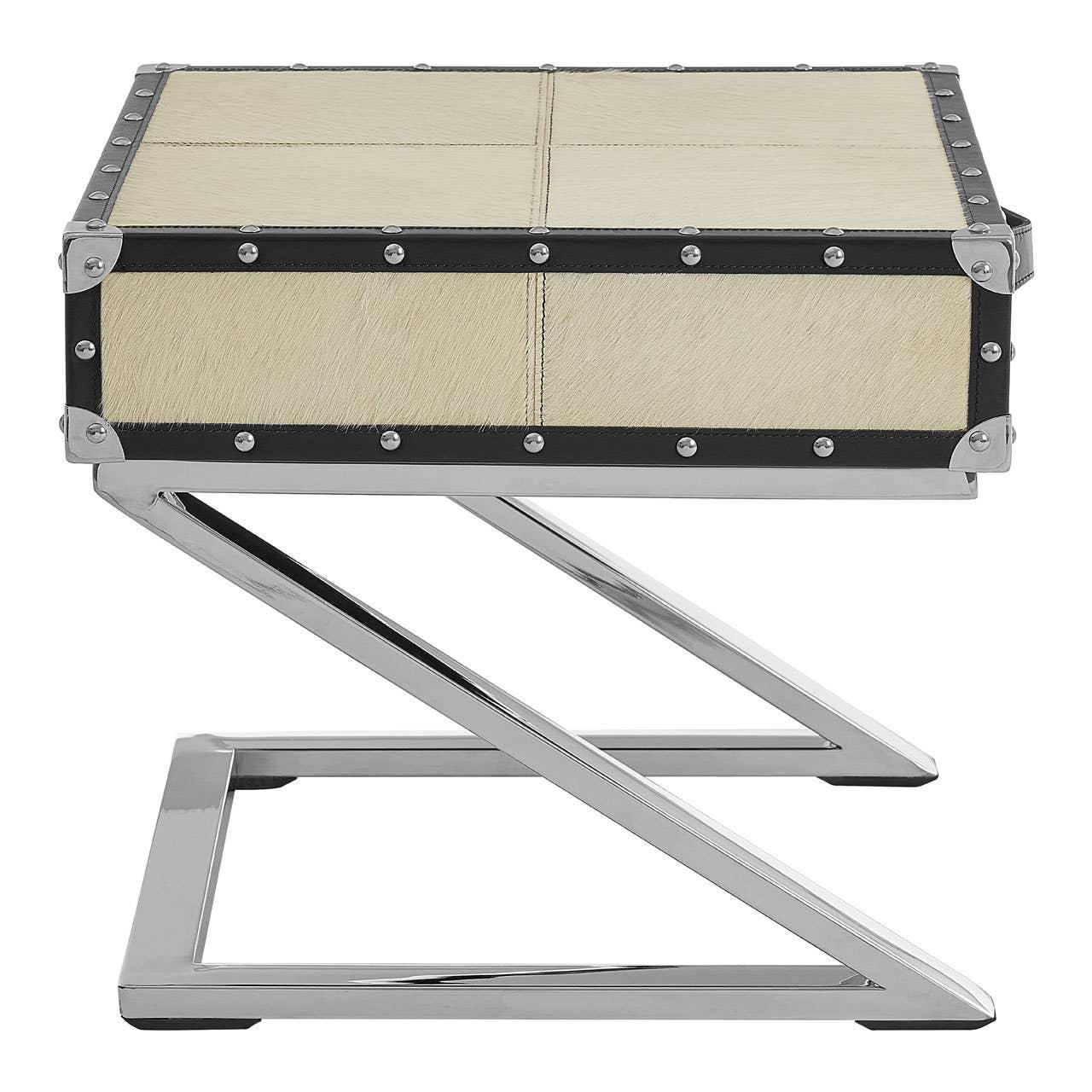 Modern beige side table with chrome metal legs and stud detailing, front view