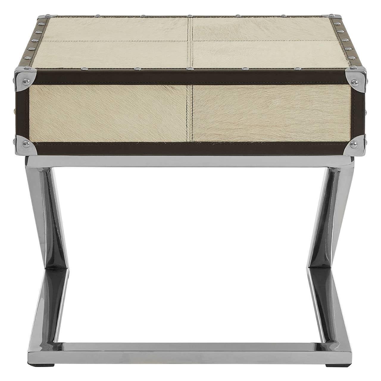 Modern side table with chrome frame and cream faux leather panel detail, front view