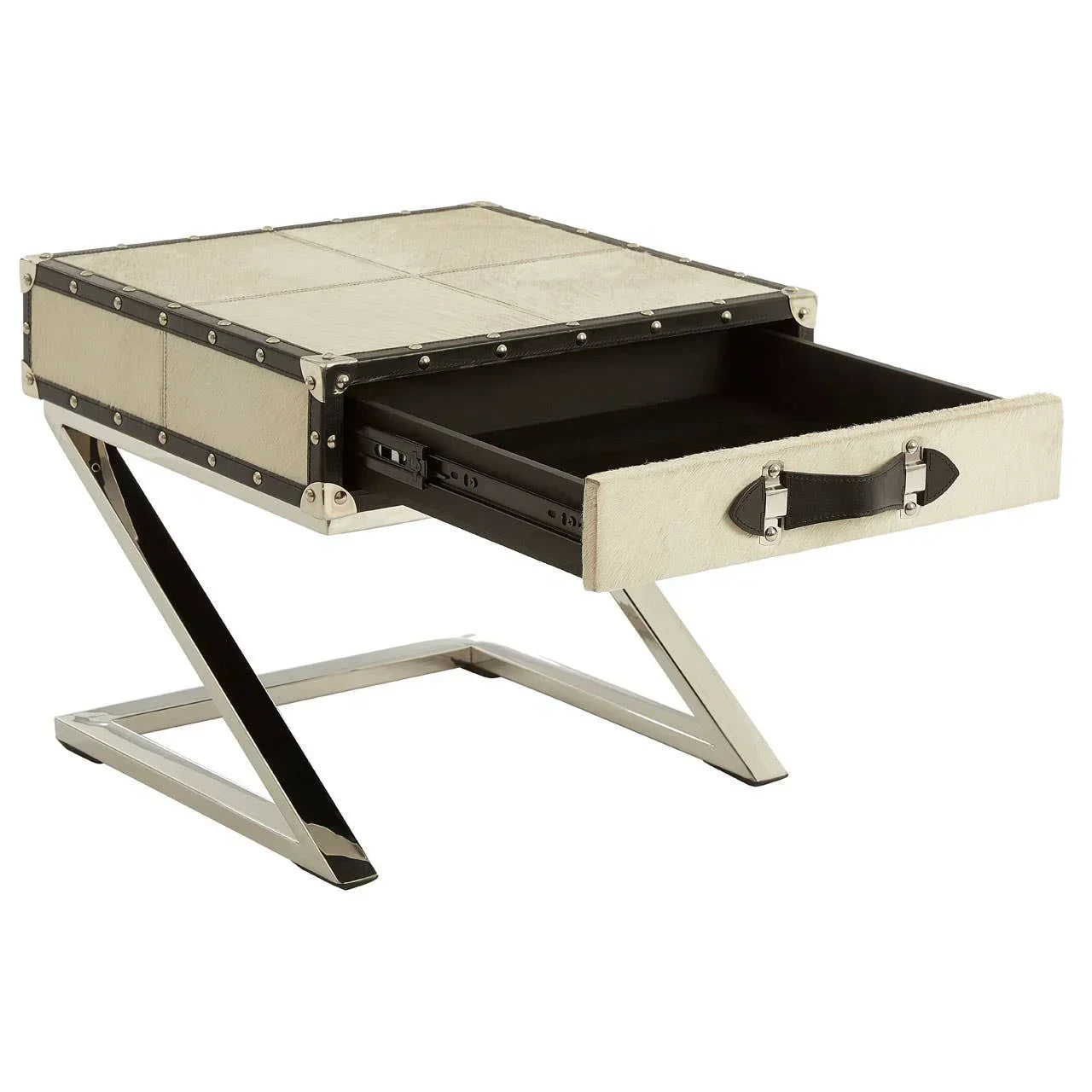 Modern side table with chrome legs and single open drawer featuring black handle