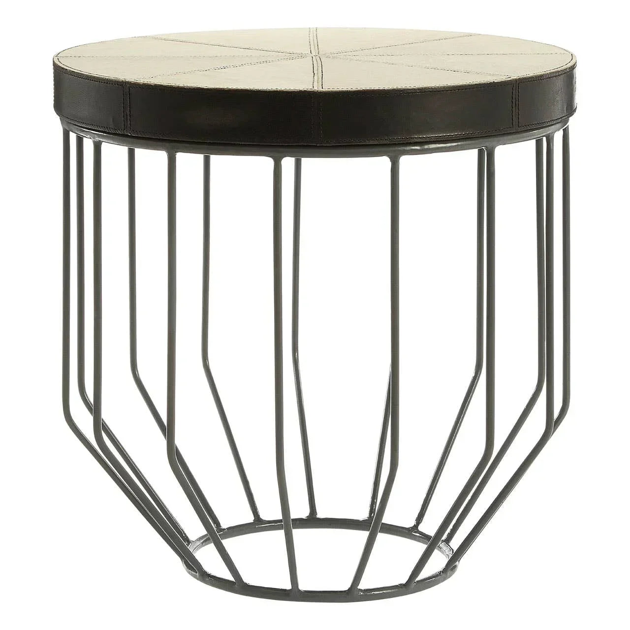 Round side table with beige leather top and black geometric metal frame
