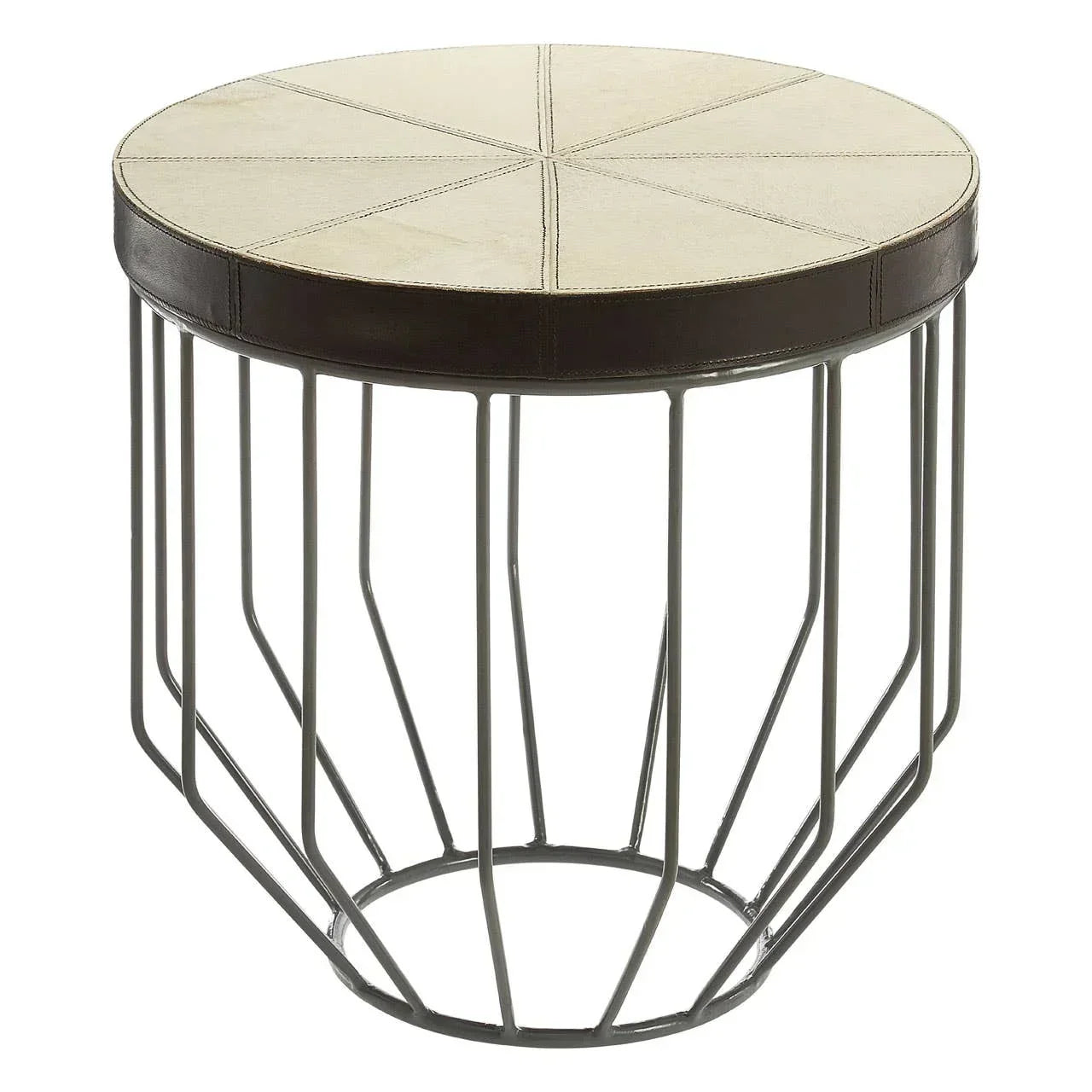 Round side table with beige leather top and black metal wire base
