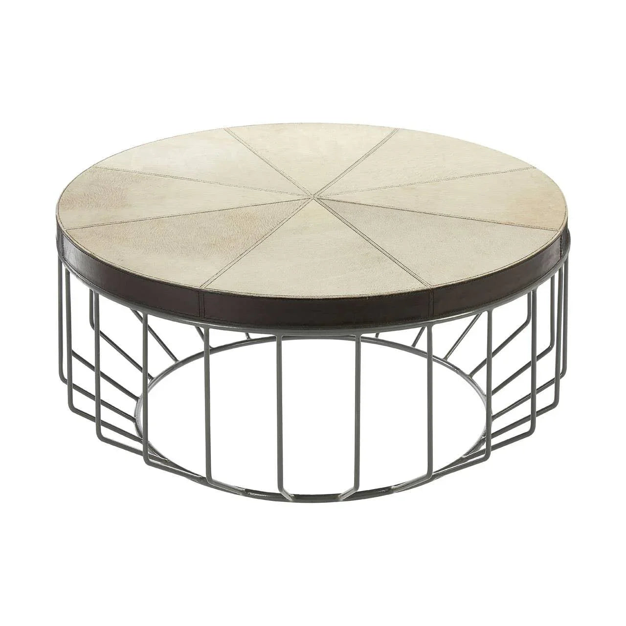 Round coffee table with metal cage base and light wood top, modern living room furniture