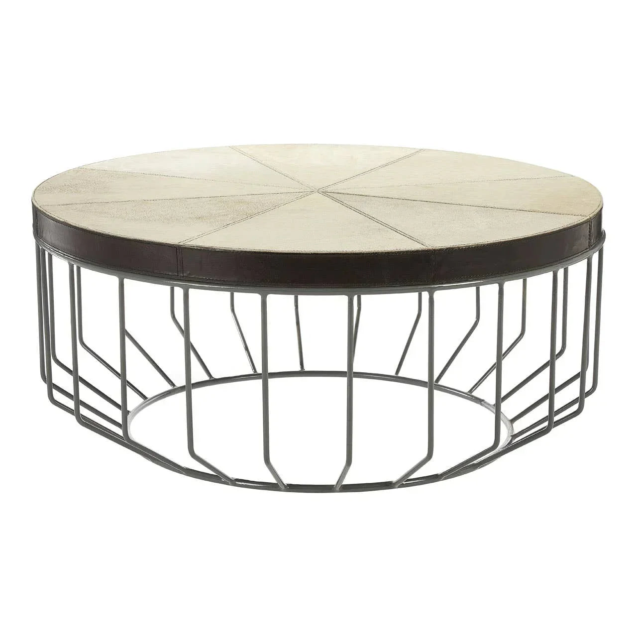 Round coffee table with beige top and metal wire frame base