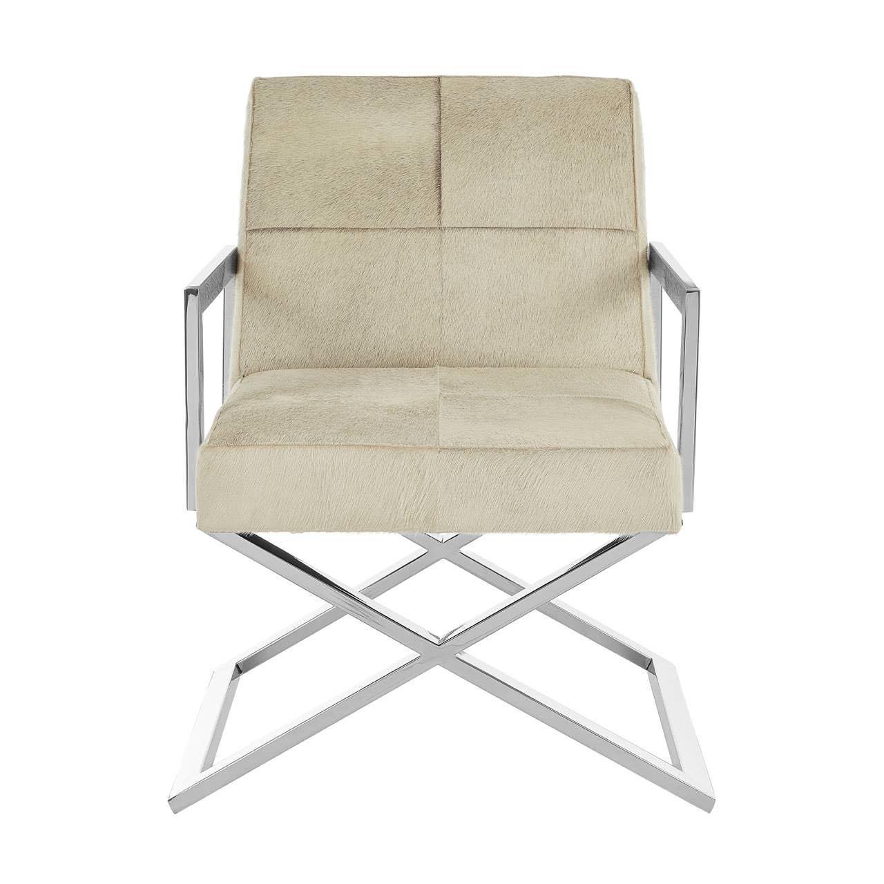 Beige accent chair with chrome legs and armrests, front view
