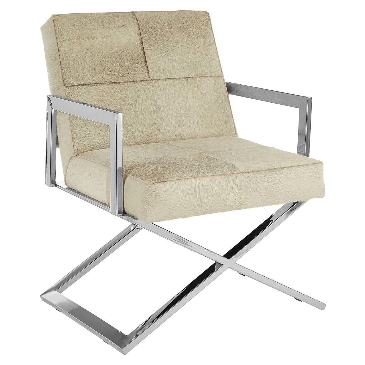 Beige accent chair with chrome metal frame and contemporary crossed leg design