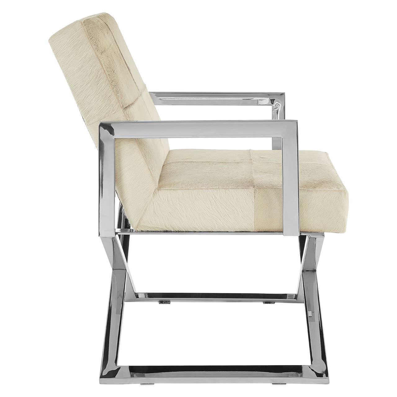 Side view cream upholstered accent chair with chrome metal frame and square armrests