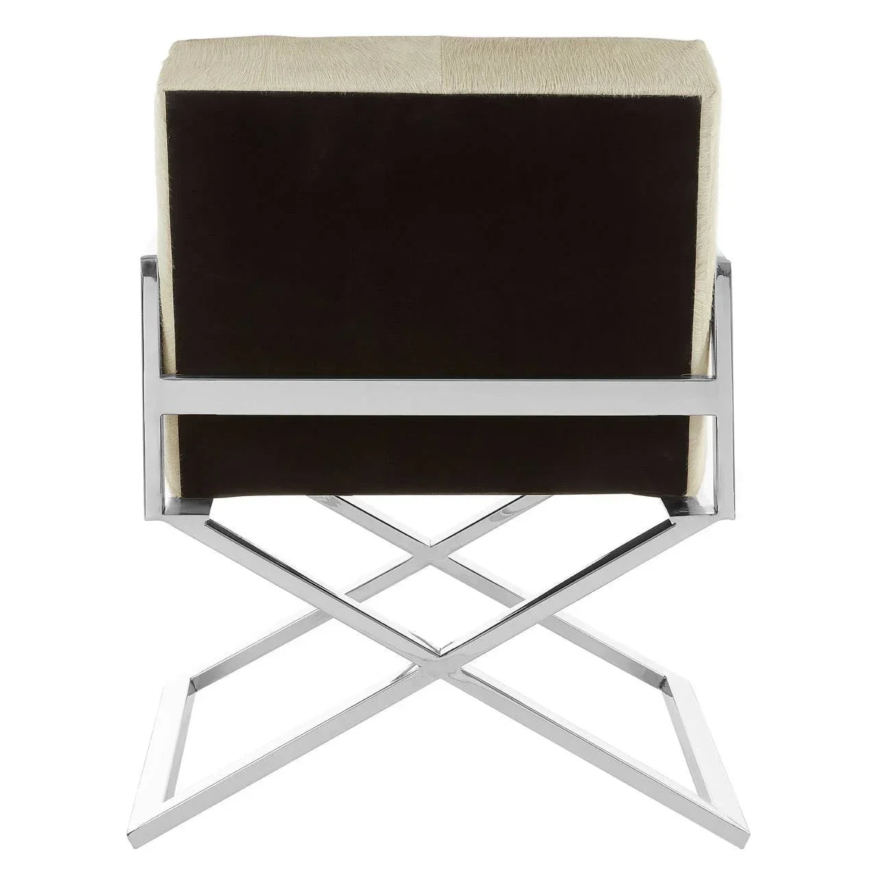 Modern accent chair with chrome frame and black cushioned backrest, rear view