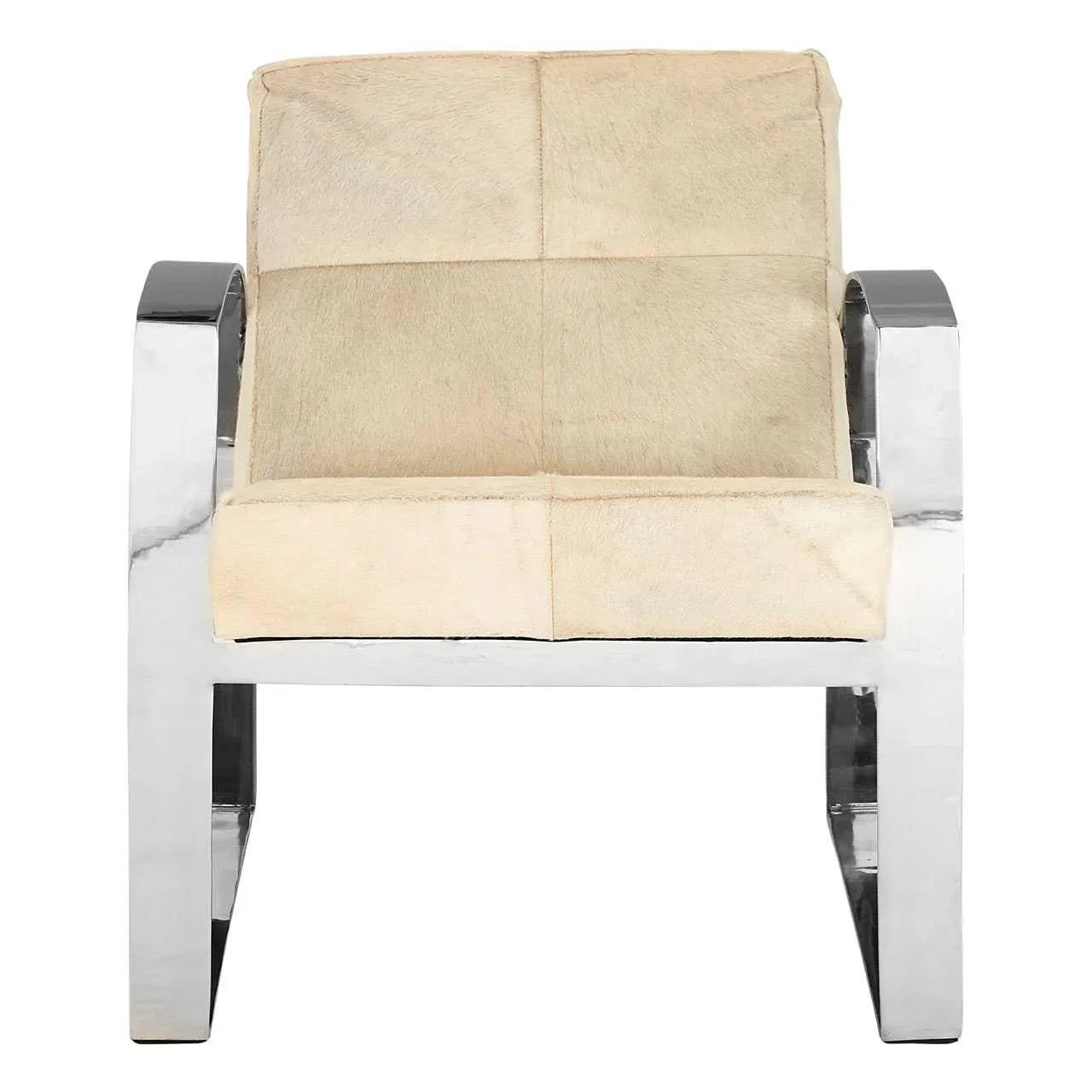 Beige upholstered armchair with chrome metal frame, front view