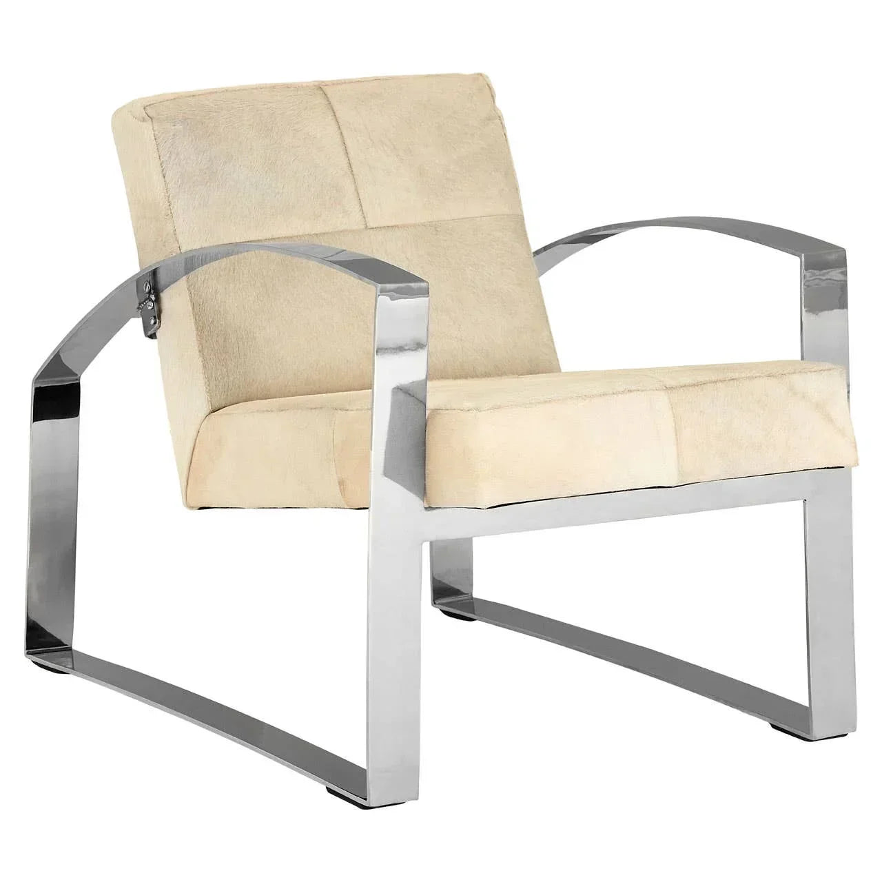Modern accent chair with beige upholstered seat and chrome metal frame, front angle view