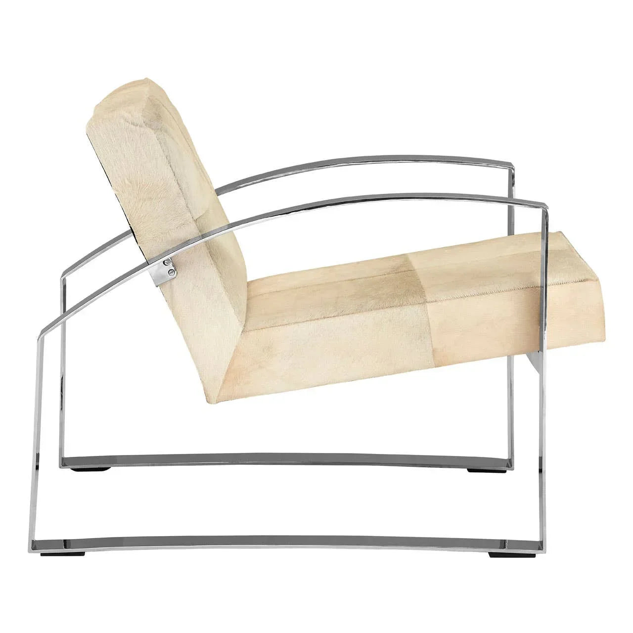 Beige lounge chair with chrome metal frame and curved armrests, side profile view