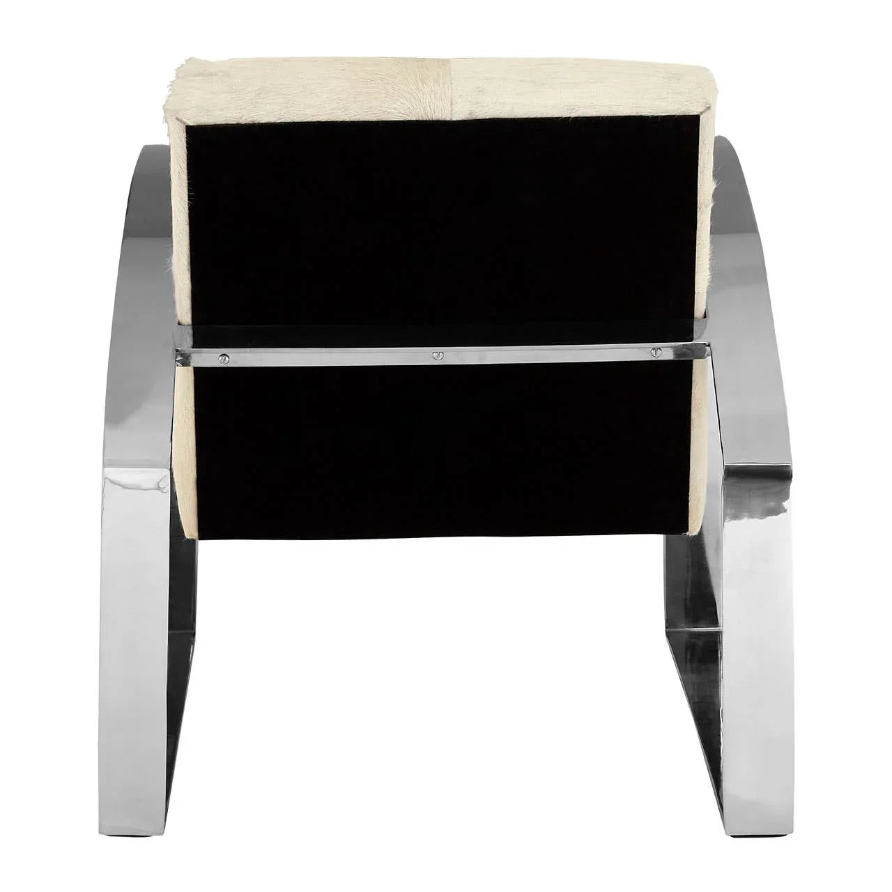 Modern accent chair with black upholstered back and chrome metal frame, rear view