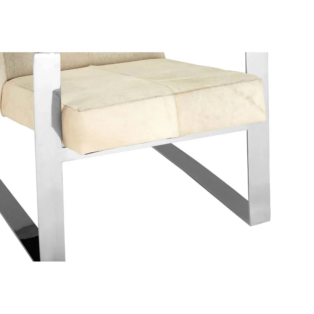 Chrome dining chair frame with cream cushioned seat closeup