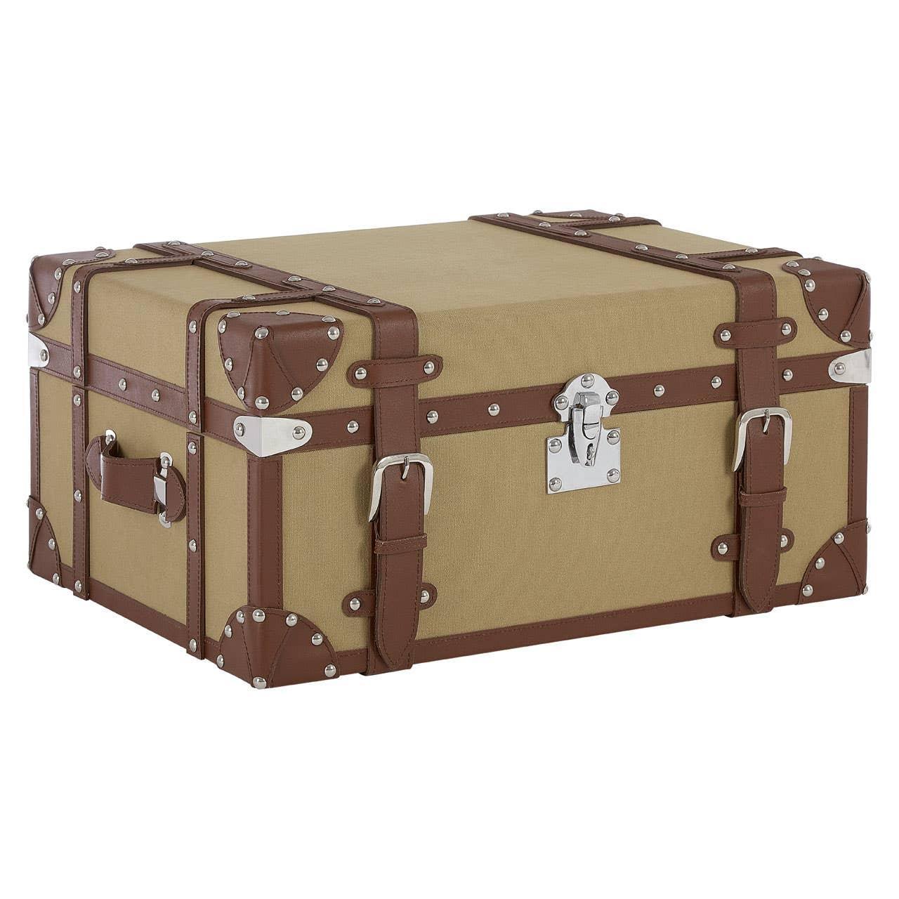 Brown and beige storage trunk with leather straps and silver latch closure