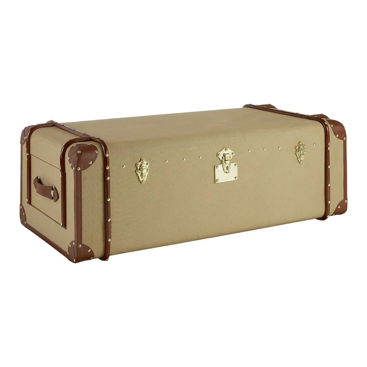 Beige storage trunk with brown leather trim and brass clasps, side handles visible