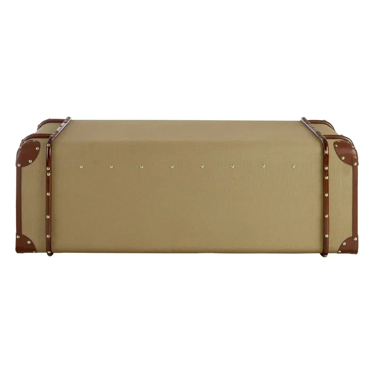 Brown storage trunk with canvas finish, studded leather corners and brass detailing