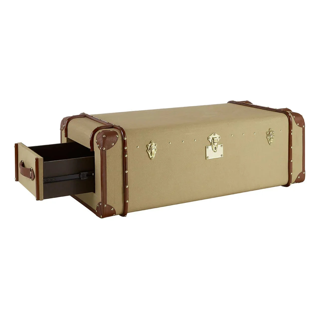Beige storage trunk coffee table with brown leather trim and open side drawer