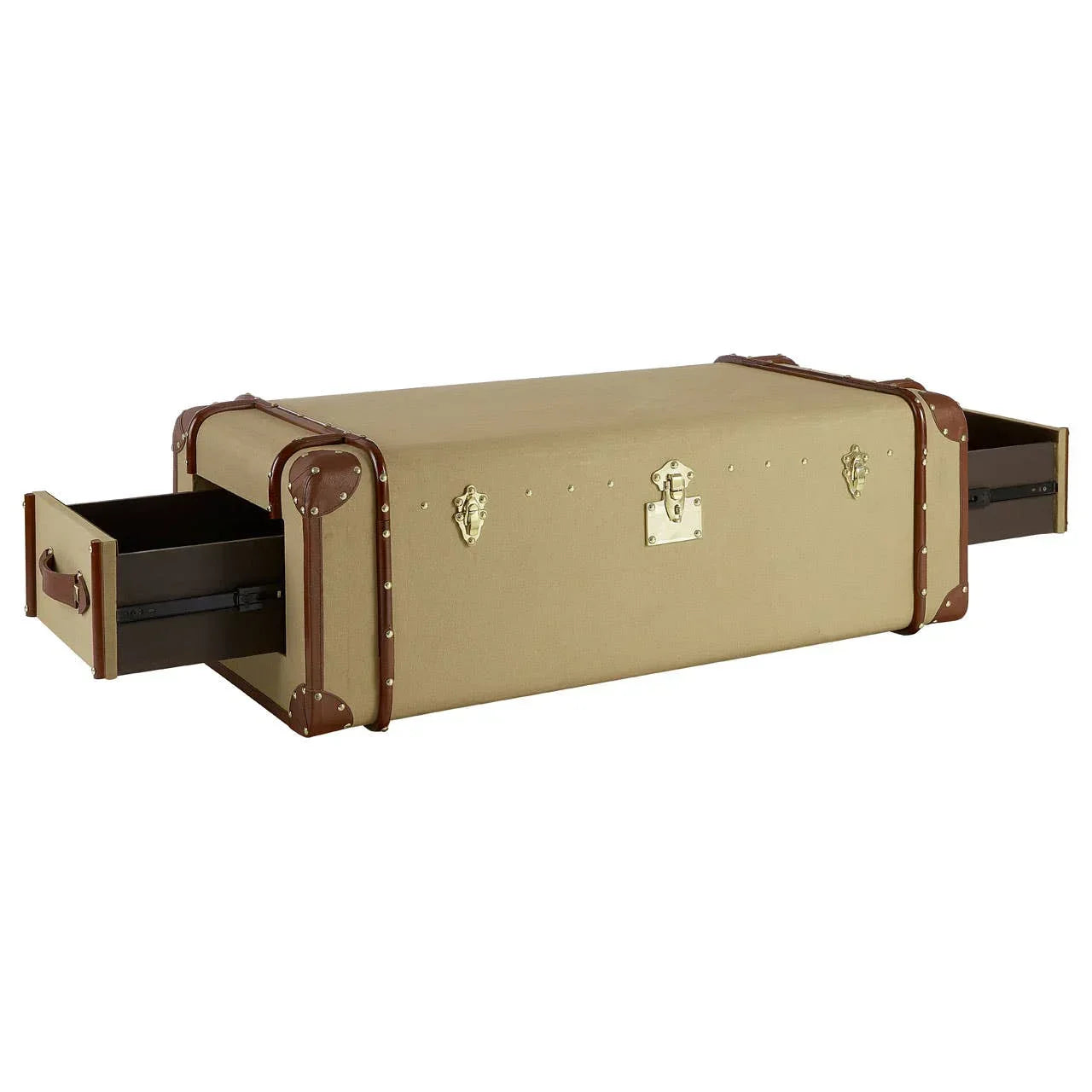 Beige trunk coffee table with brown trim and side storage drawers fully extended