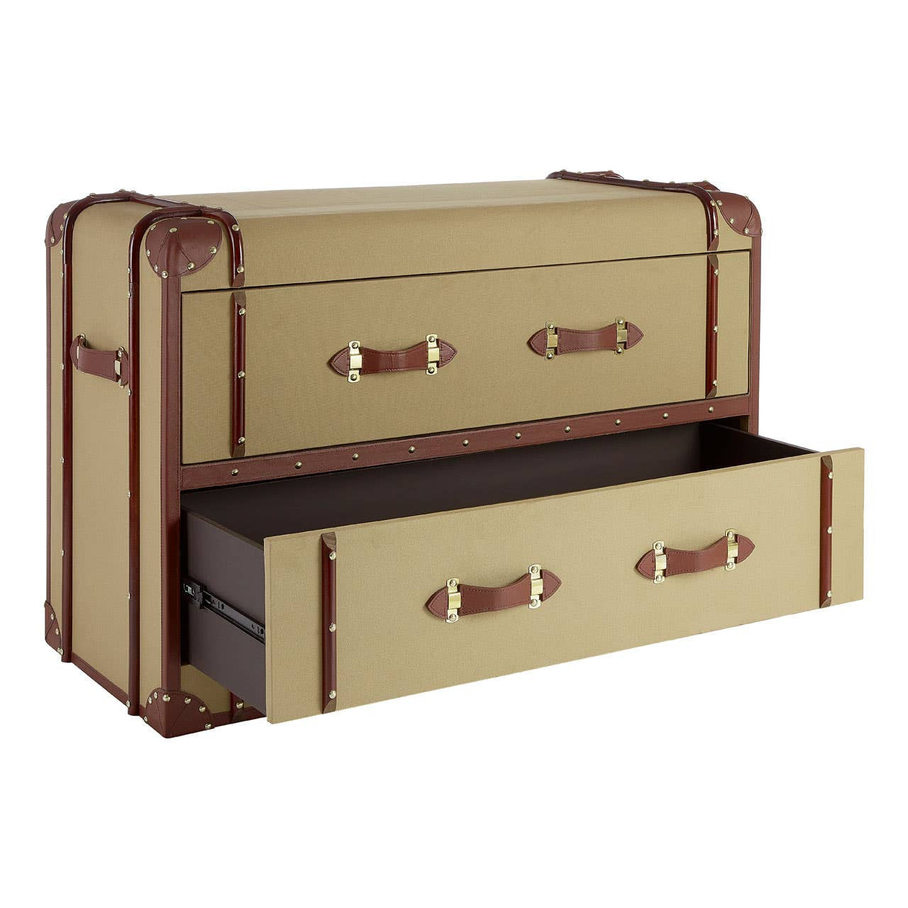 Columbus Trunk Style Chest featuring a beige exterior with brown accents, two spacious drawers, and decorative metal handles, designed to resemble a vintage trunk