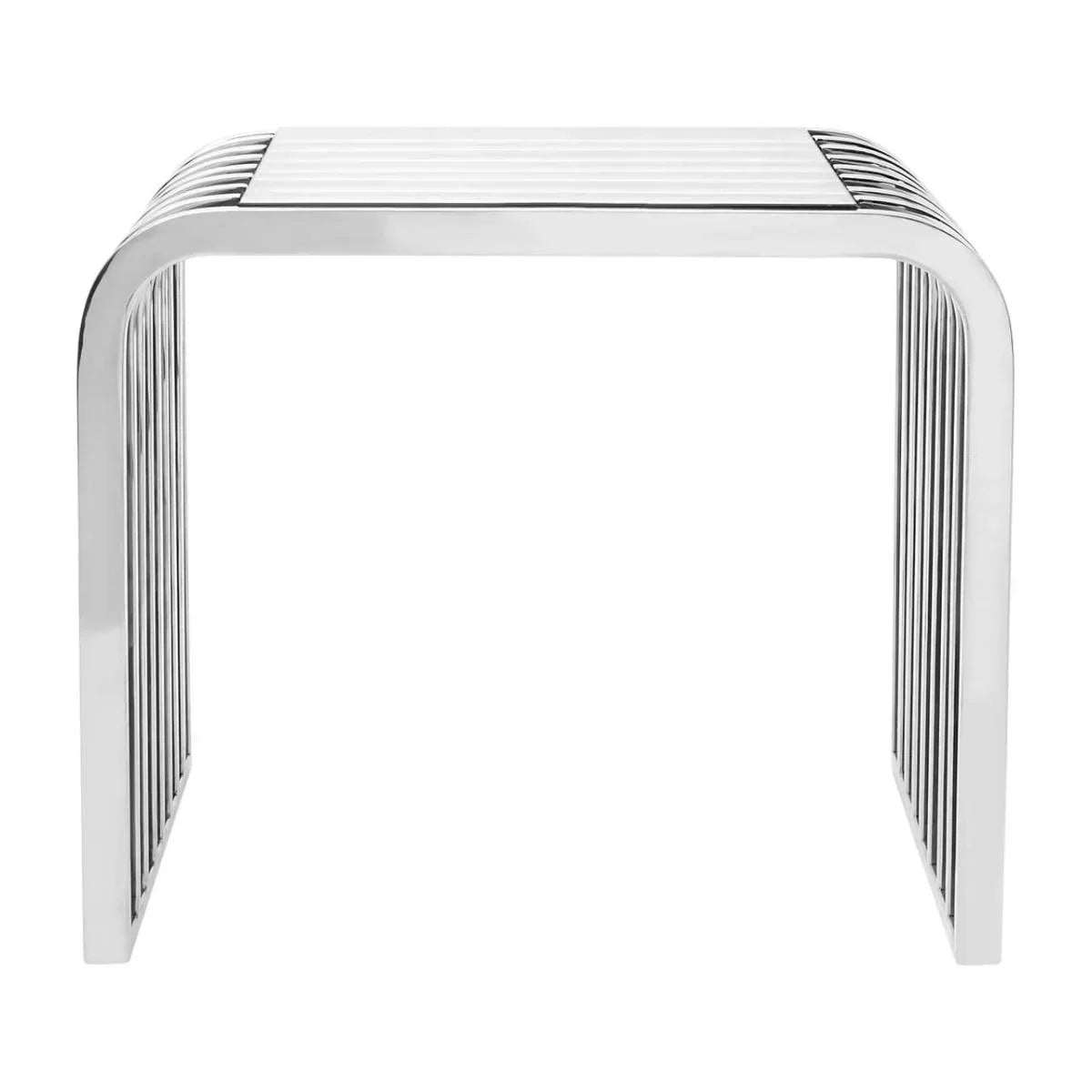 Contemporary chrome console table with slatted metal top and curved edges, front view