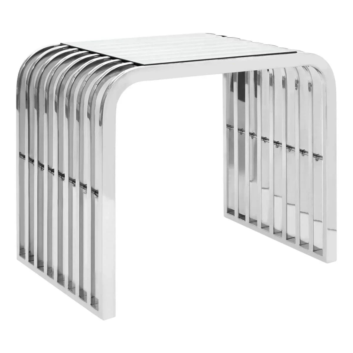 Chrome metal console table with slatted top and curved frame, modern style