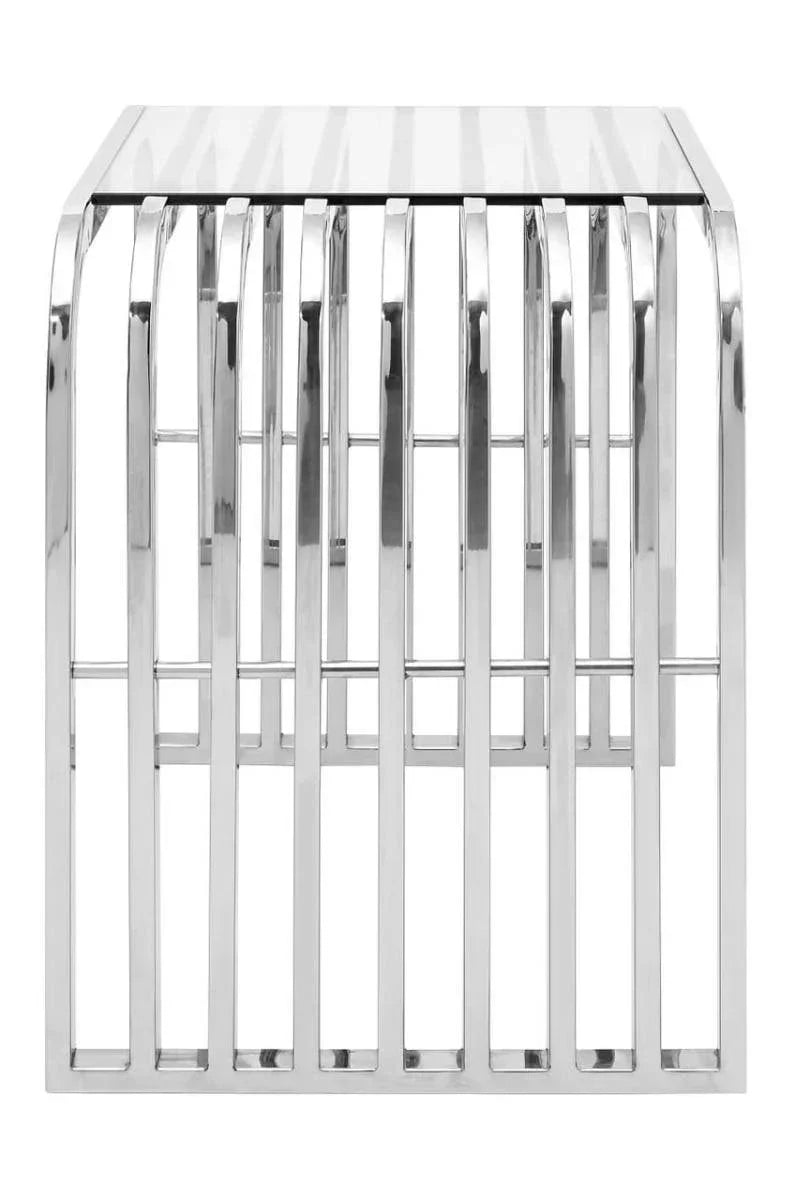 Chrome metal side table with glass top and geometric open frame, front view