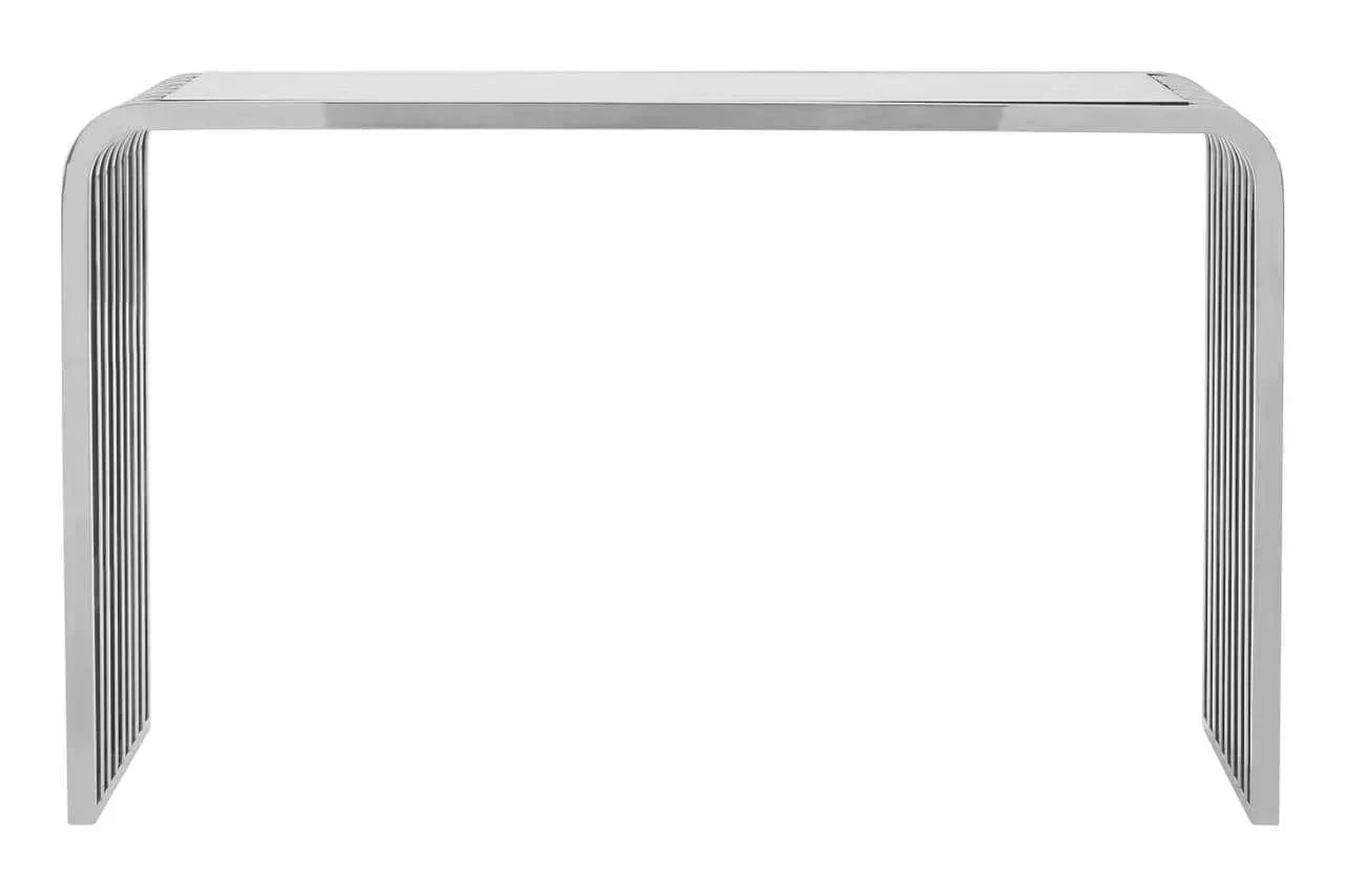 Modern chrome console table with slatted metal legs and rectangular top, front view