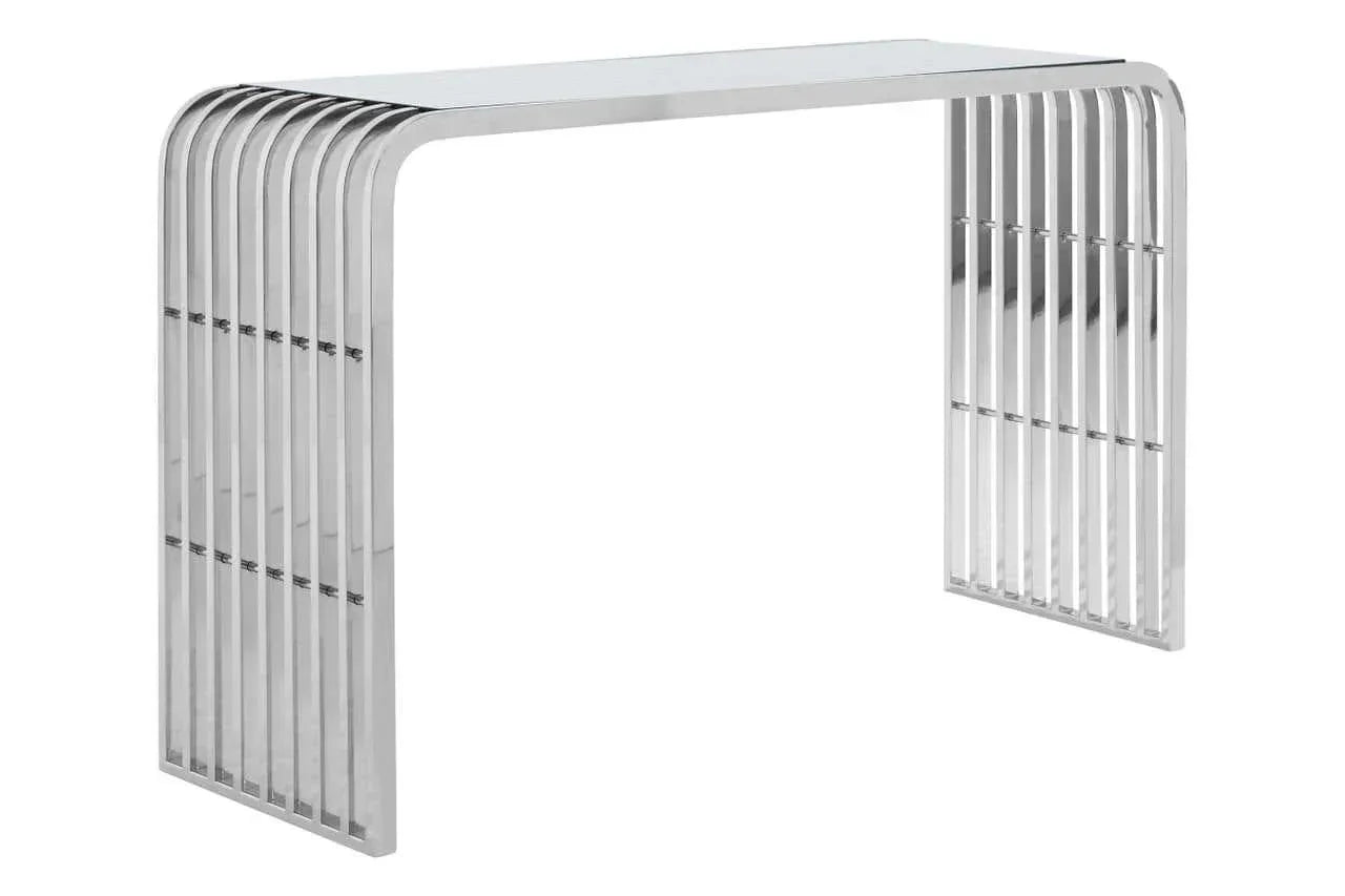 Modern chrome console table with slatted legs and glossy rectangular top
