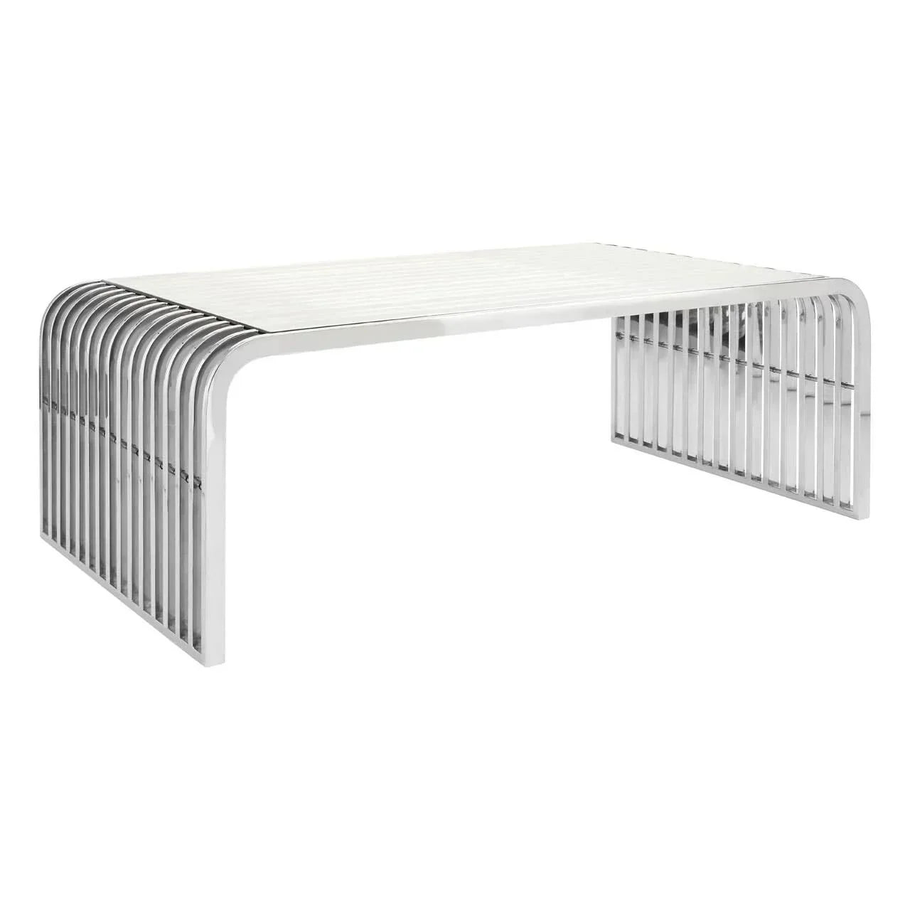 Modern chrome coffee table with slatted metal design and rectangular shape