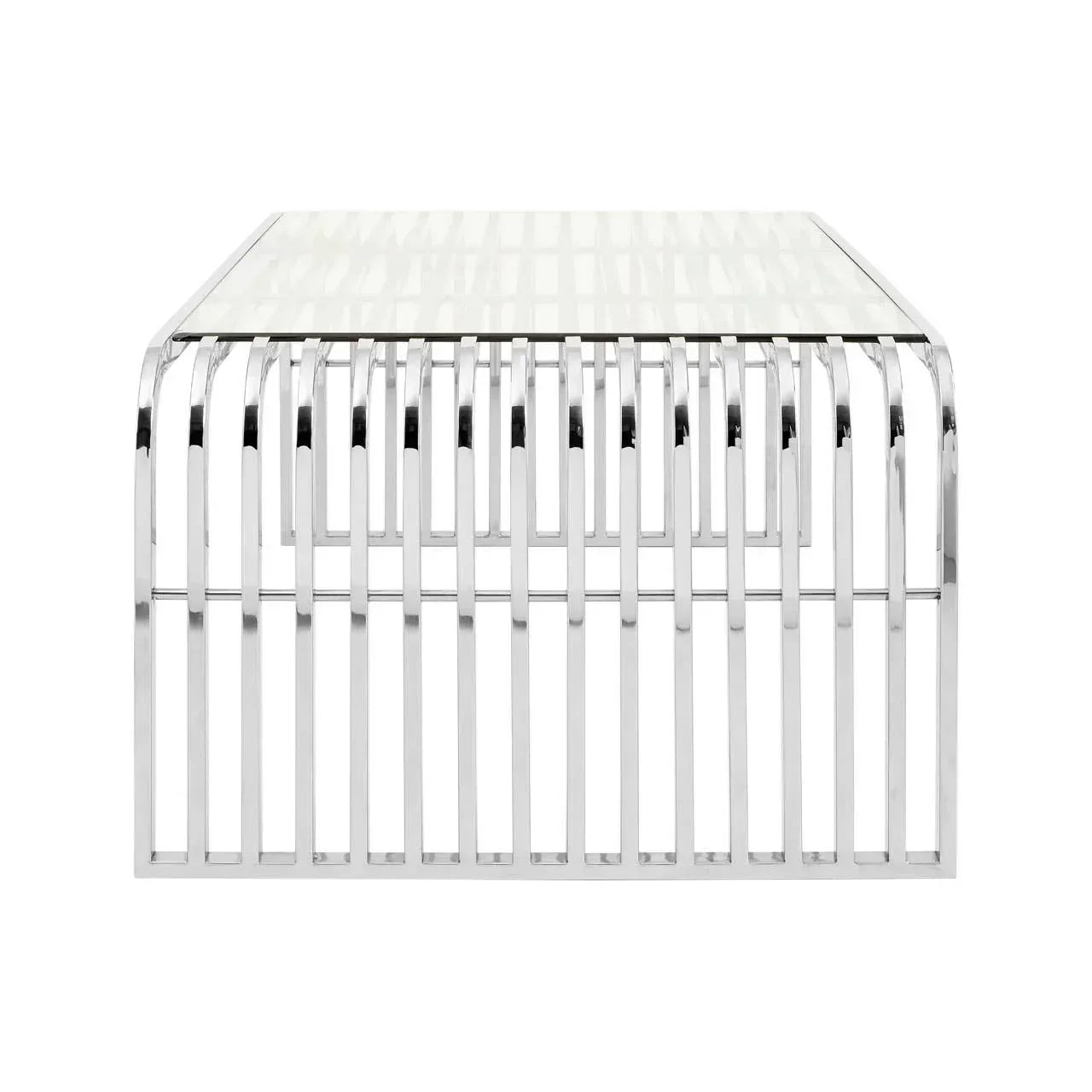 Chrome coffee table with glass top and vertical metal slats, front view