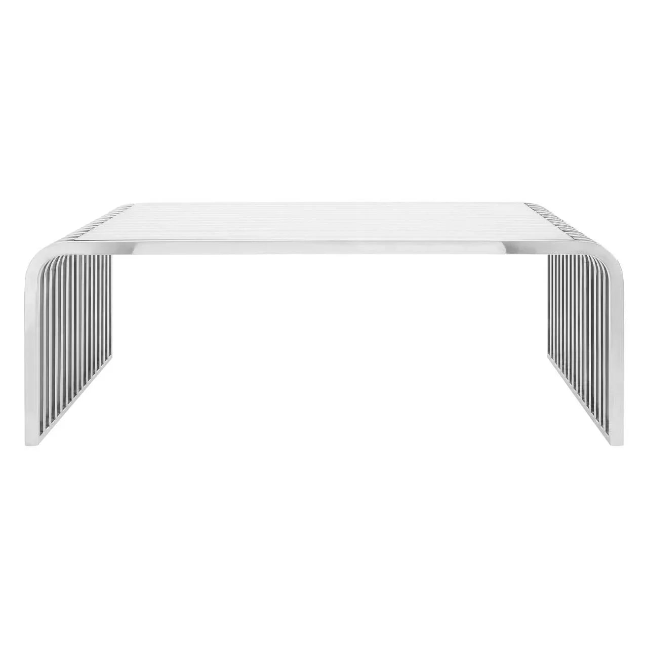 White metal coffee table with slatted top and curved legs, modern minimalist furniture