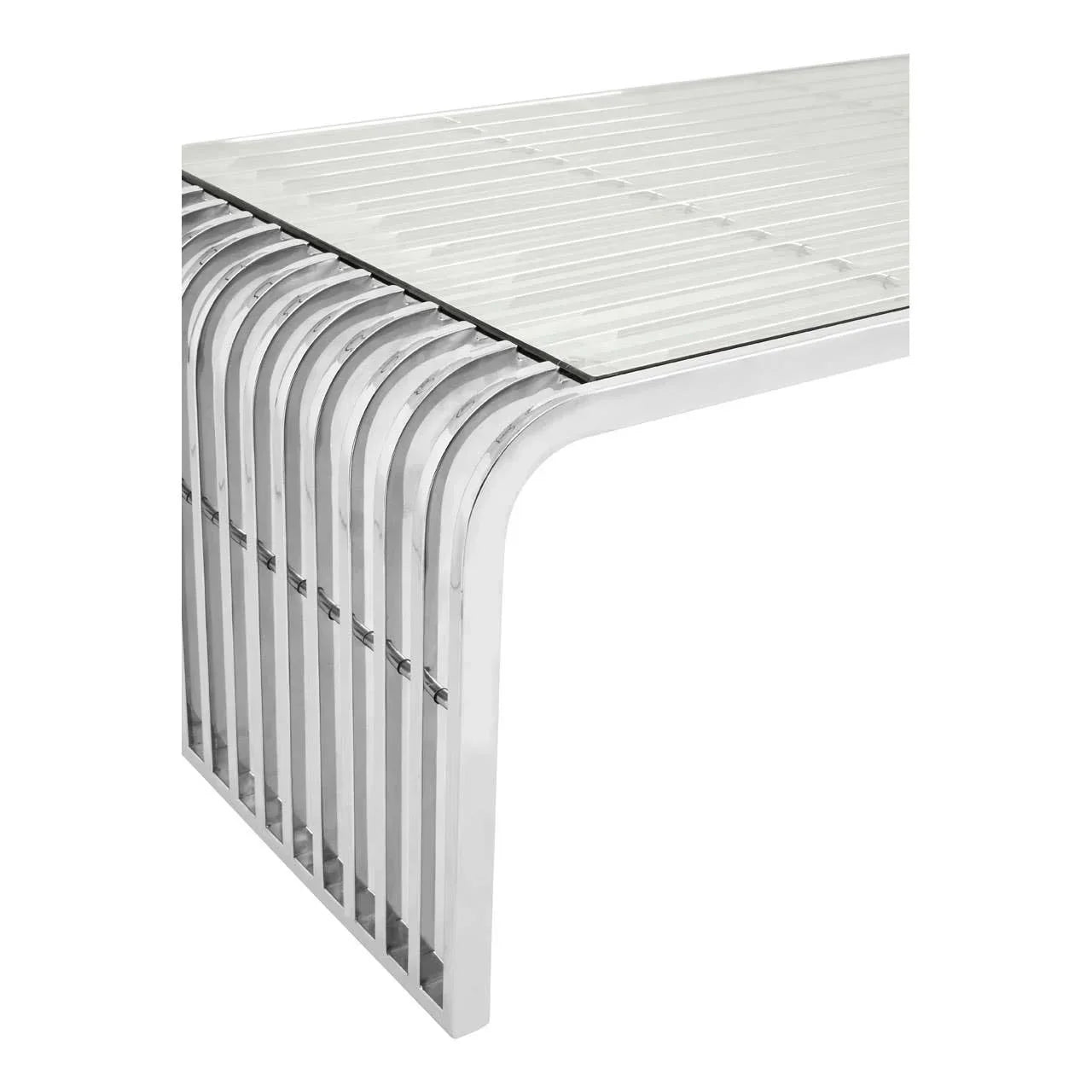 Modern stainless steel console table with slatted glass top and curved metal legs
