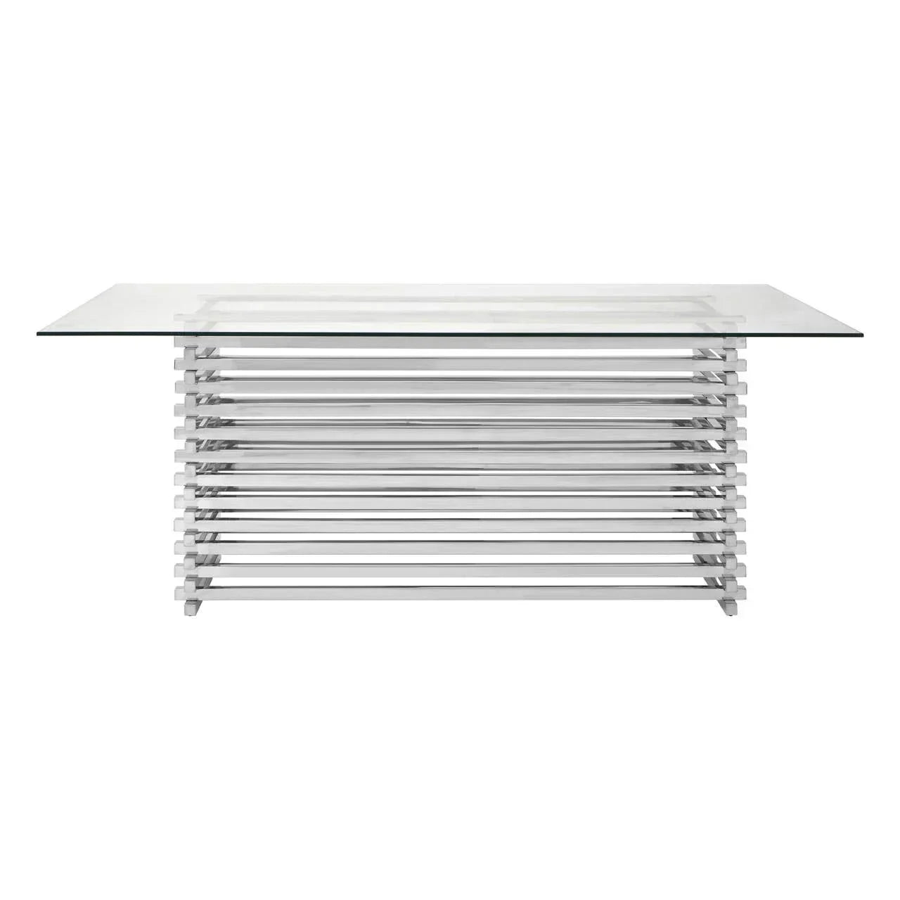 Modern glass dining table with rectangular clear top and chrome slatted metal base, front view