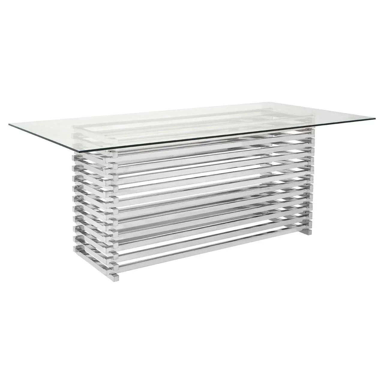 Rectangular glass dining table with chrome slatted metal base, angled side view