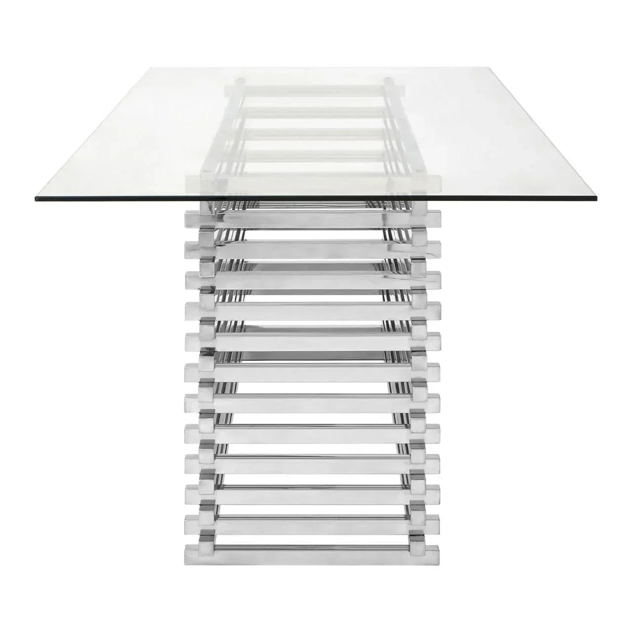 Square glass dining table with chrome metal base in modern design, front view