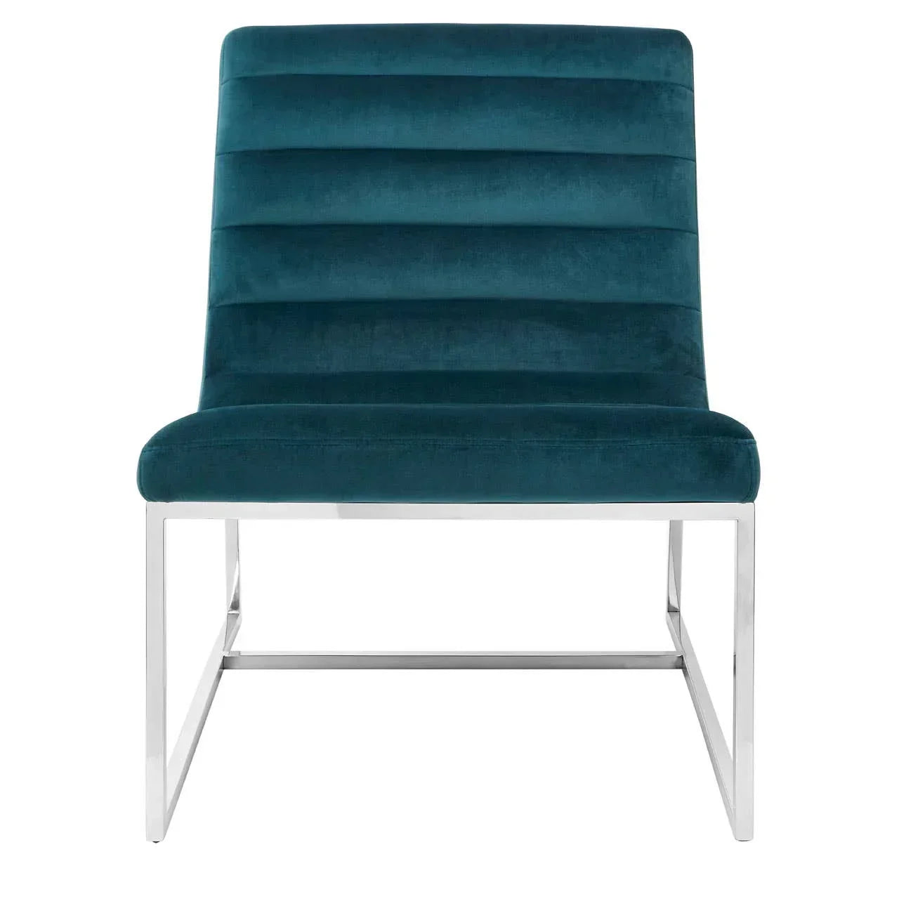 Teal velvet accent chair with chrome metal base front view