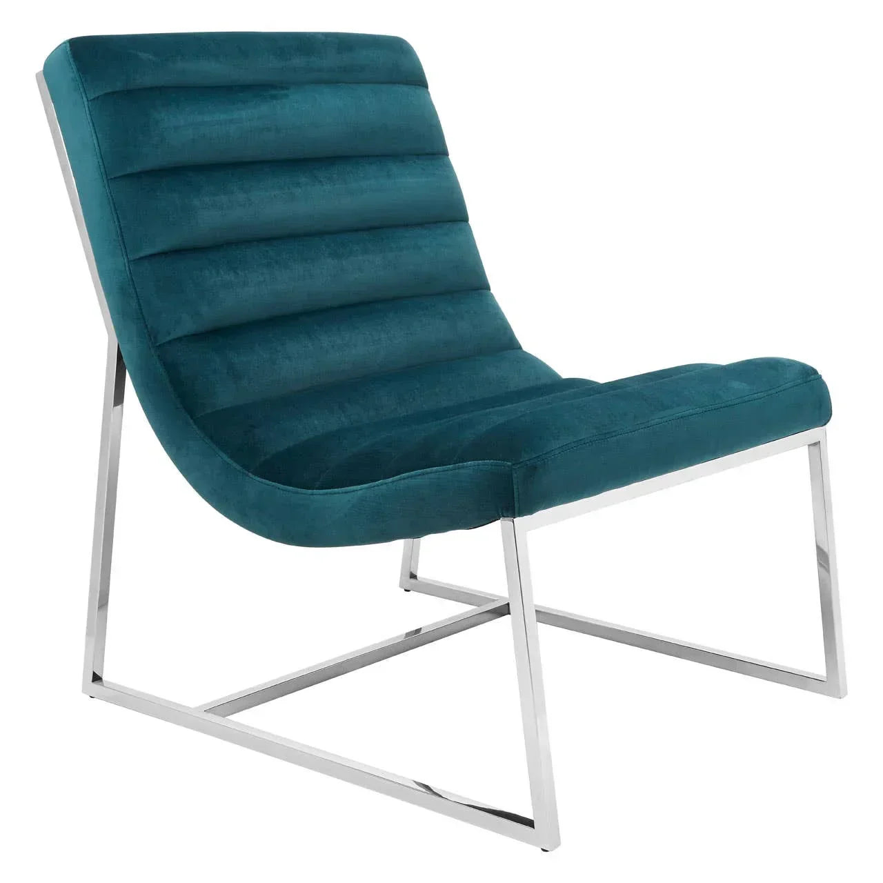 Teal velvet accent chair with chrome metal frame and horizontal tufted seat