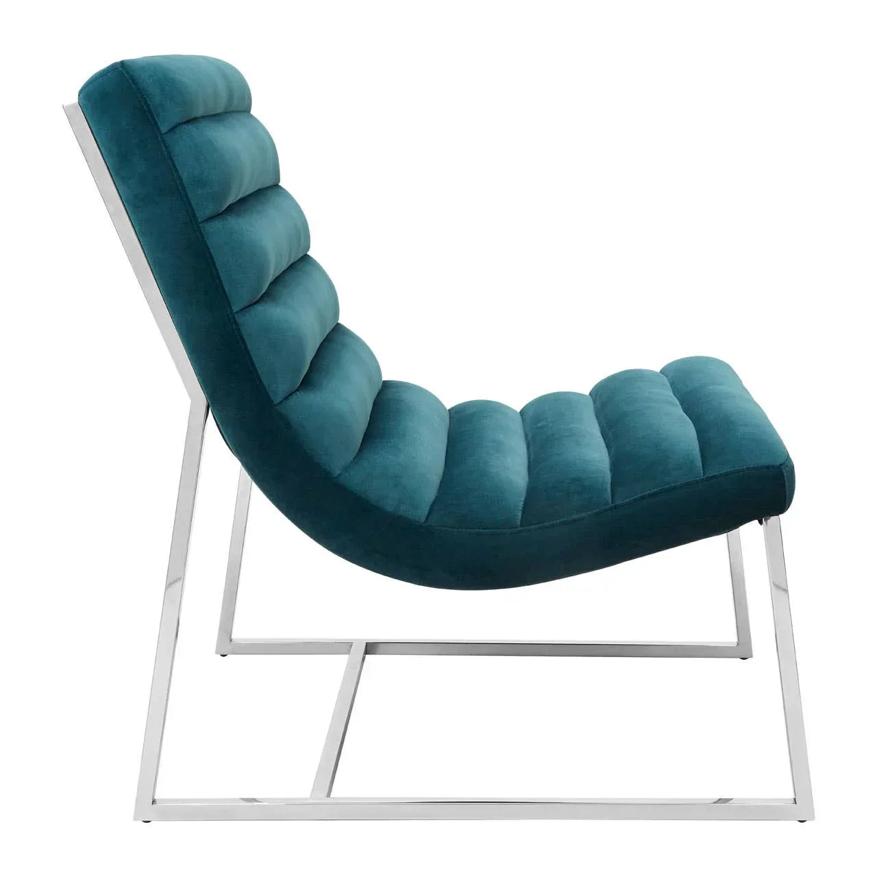 Teal velvet accent chair with channel tufting and chrome metal frame, side view