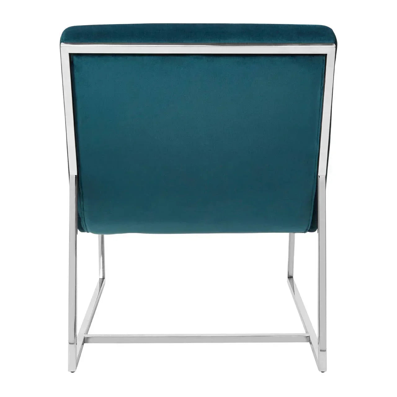 Back view of teal velvet accent chair with chrome metal frame