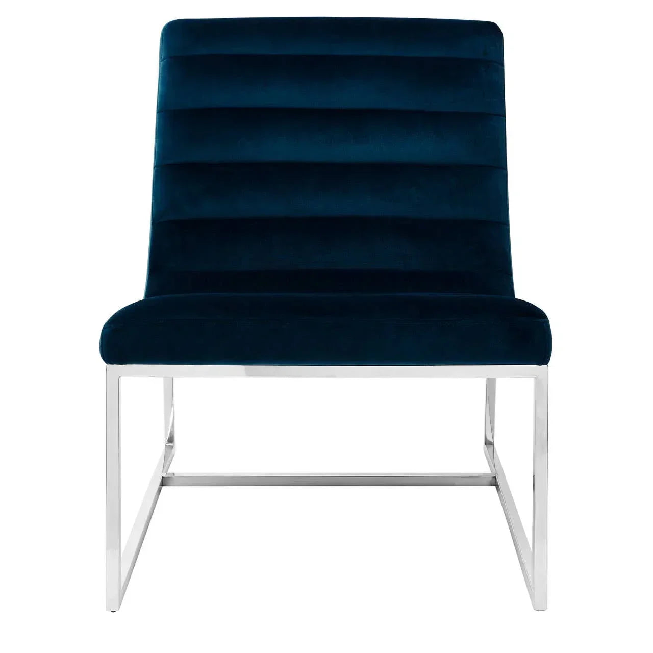 Modern velvet accent chair with chrome metal frame and horizontal channel backrest, front view