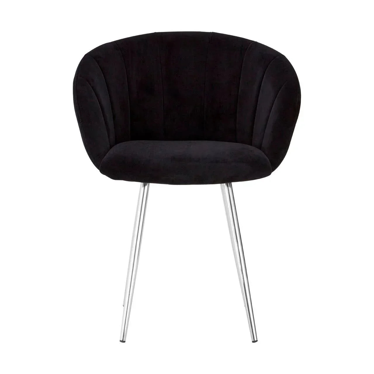 Black velvet accent chair with curved back and chrome legs front view