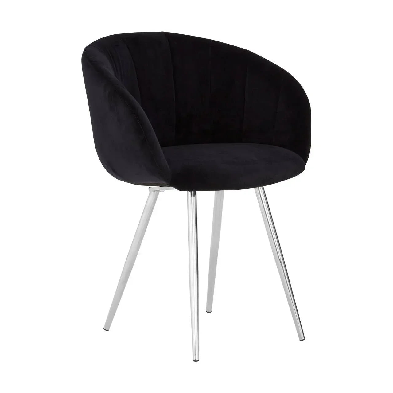 Black velvet accent chair with curved backrest and chrome metal legs on white background